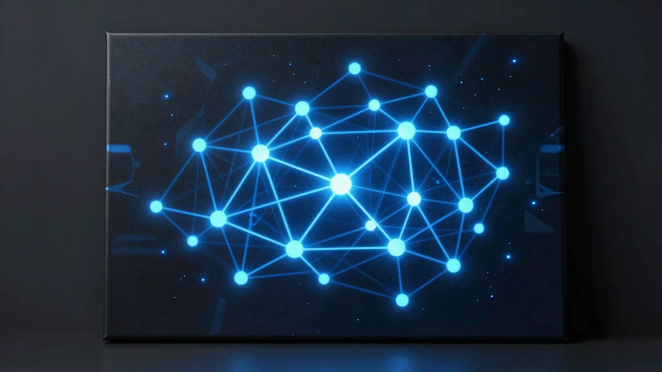 Abstract glowing neural network concept with dark background and vibrant electric blue light nodes
