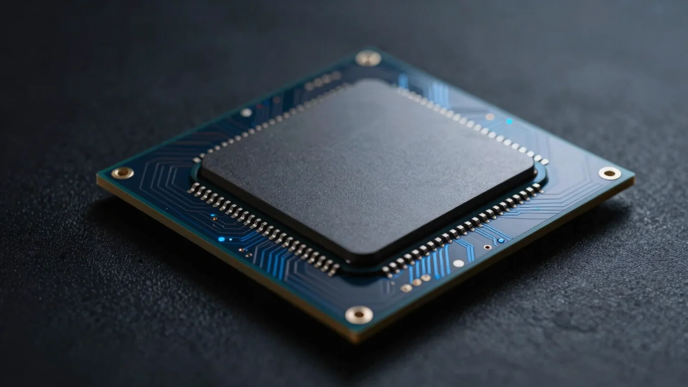 High-performance computer processor chip on dark circuit board with subtle blue illumination