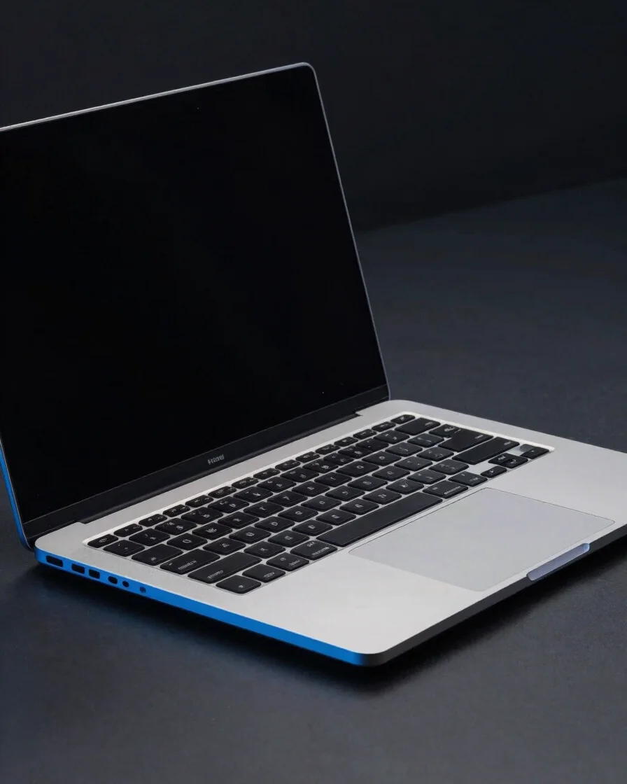 Professional tech journalist analyzing laptop hardware on dark studio desk with sleek blue accent lighting