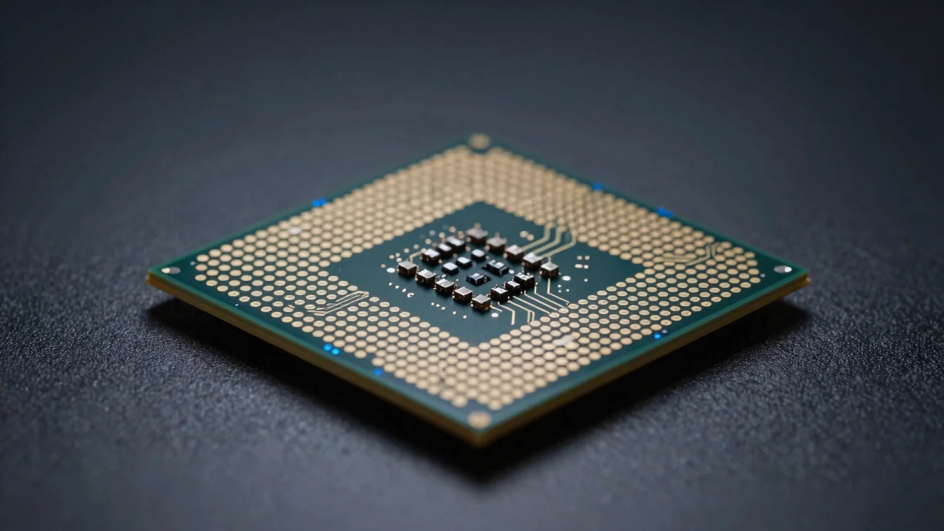 Close-up of a sleek, modern CPU with intricate circuitry, dark studio backdrop, subtle blue accent lighting, crisp macro