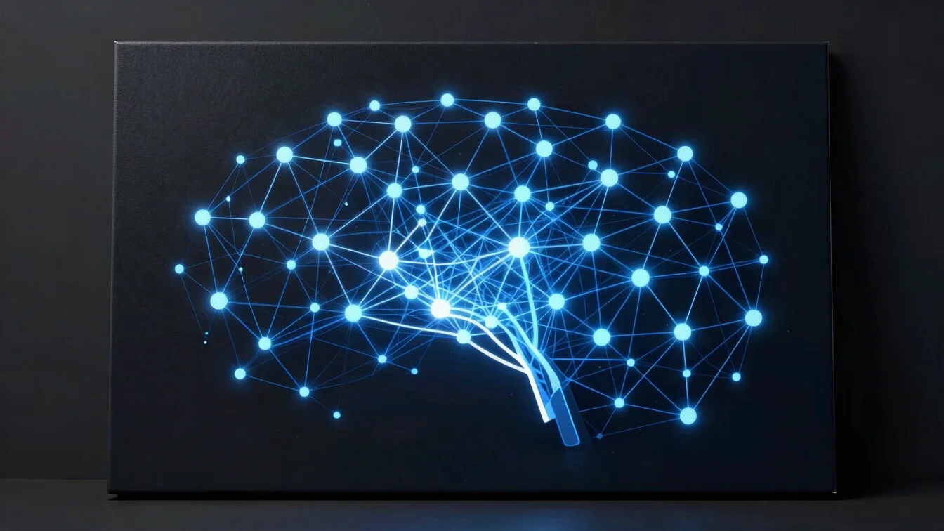 Abstract visual representation of AI neural networks, glowing blue lines connecting nodes on a dark background, sleek te