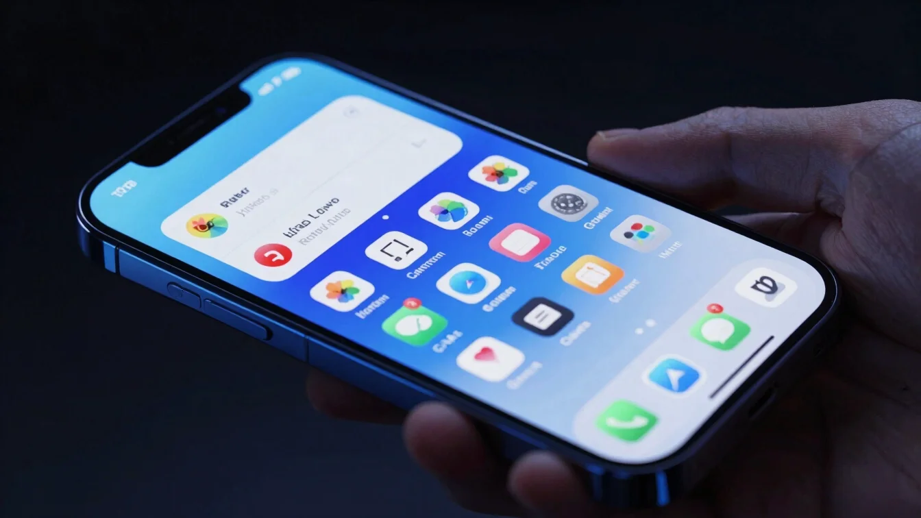 Modern smartphone with a vibrant screen displaying a tech interface, held in a hand (only hand visible), dark studio bac