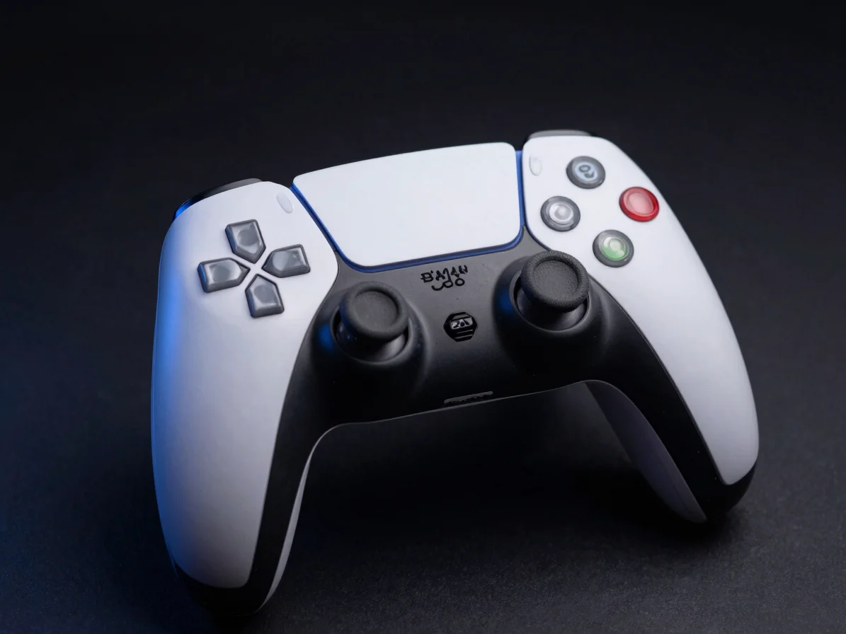 High-contrast image of a modern gaming console controller on a dark surface, with subtle blue light reflections, crisp m