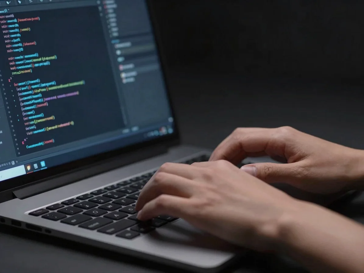 Hands typing on a minimalist keyboard, screen displaying lines of code or a software interface, dark studio backdrop, su