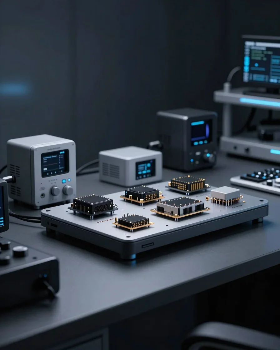 Sleek tech testing lab with modern electronics on a dark workstation bench, subtle blue accent ambient lighting, macro d